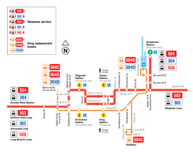 Map of 503 and 504 streetcar diversions